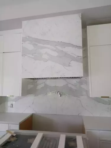 Prima Stone Statutario marble Kitchen hood and Backsplash