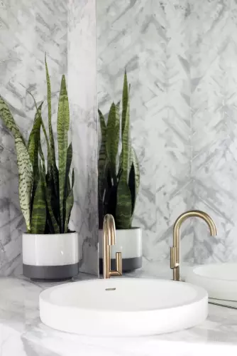 Prima Stone vanity and backsplash (full height)